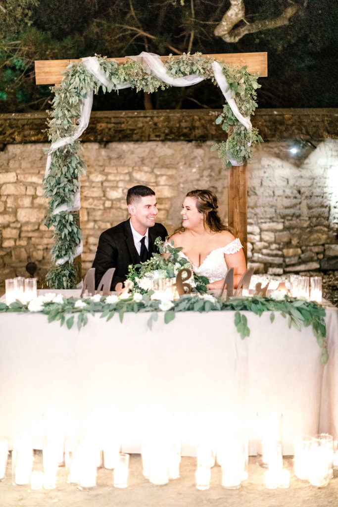 Couple sitting at a sweetheart table gazing at each other