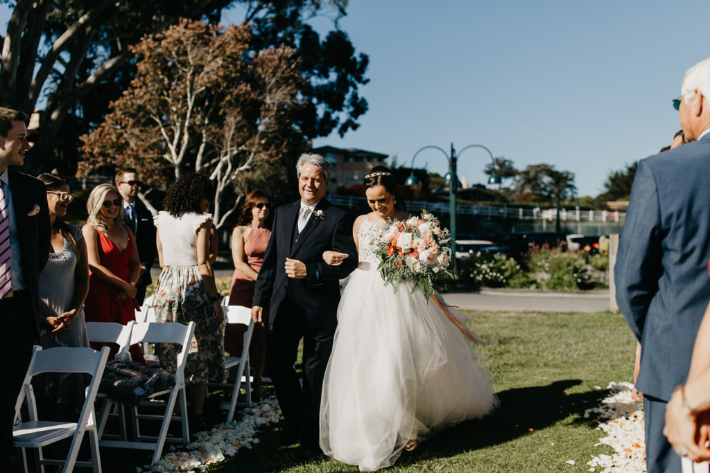 Bride and Father of the Bride walking down the aisle at Mission Ranch