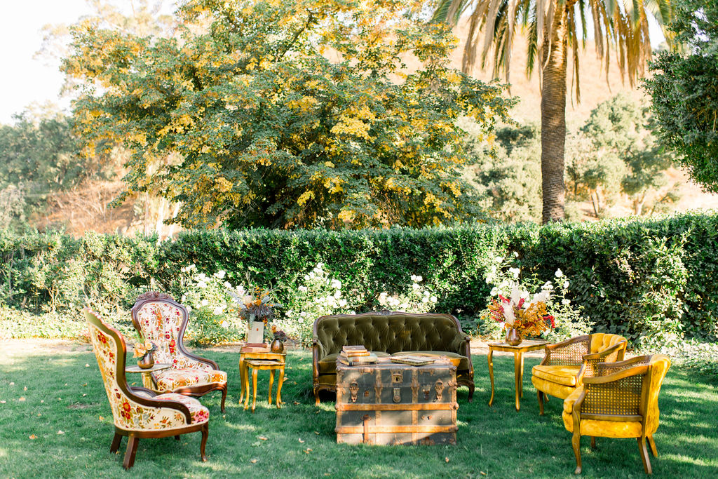 Vintage Lounge area for wedding reception in Monterey at winery